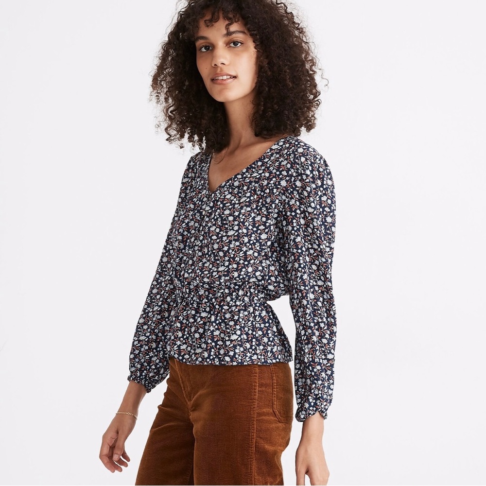 Madewell Silk Button-Front Peplum Top in Harvest Vine